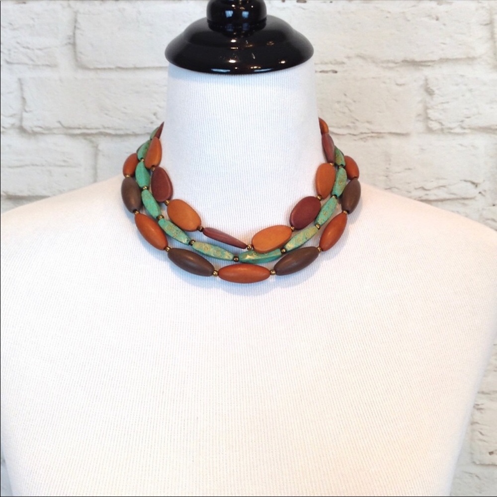 Three strand faux wooden large bead choker necklace